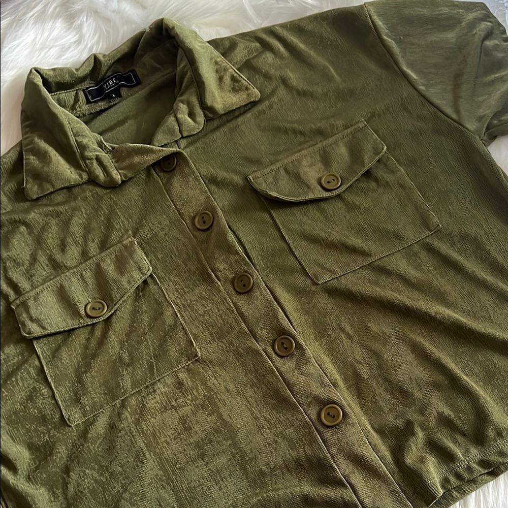 Cropped Olive Green Button-Up Shirt